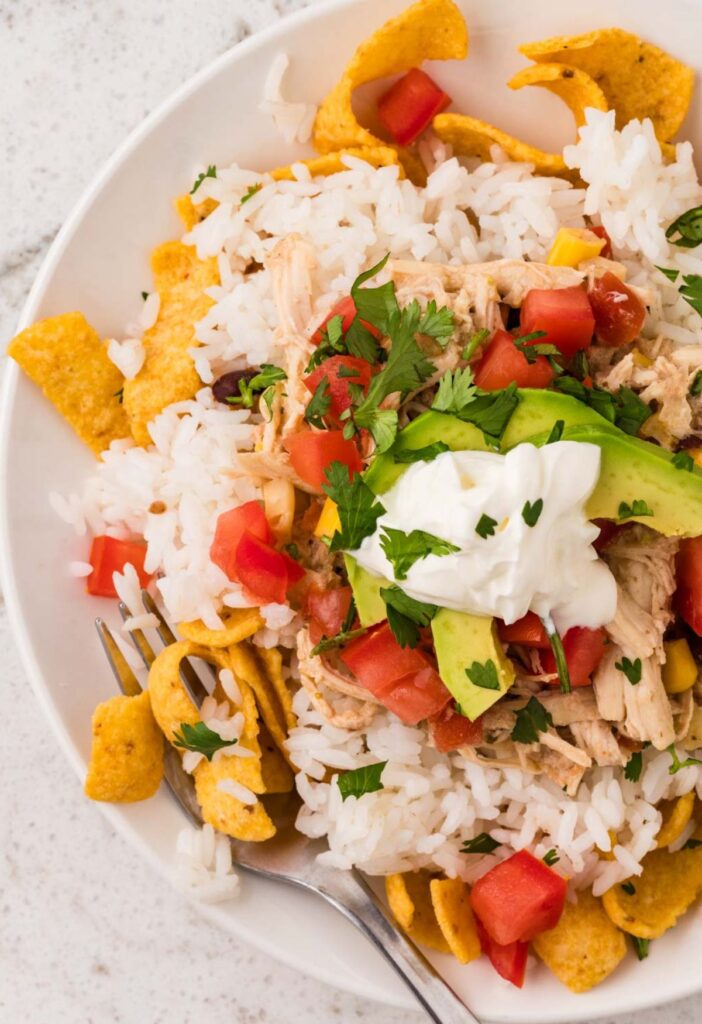 Top views of a serving of the mexican haystack with taco toppings