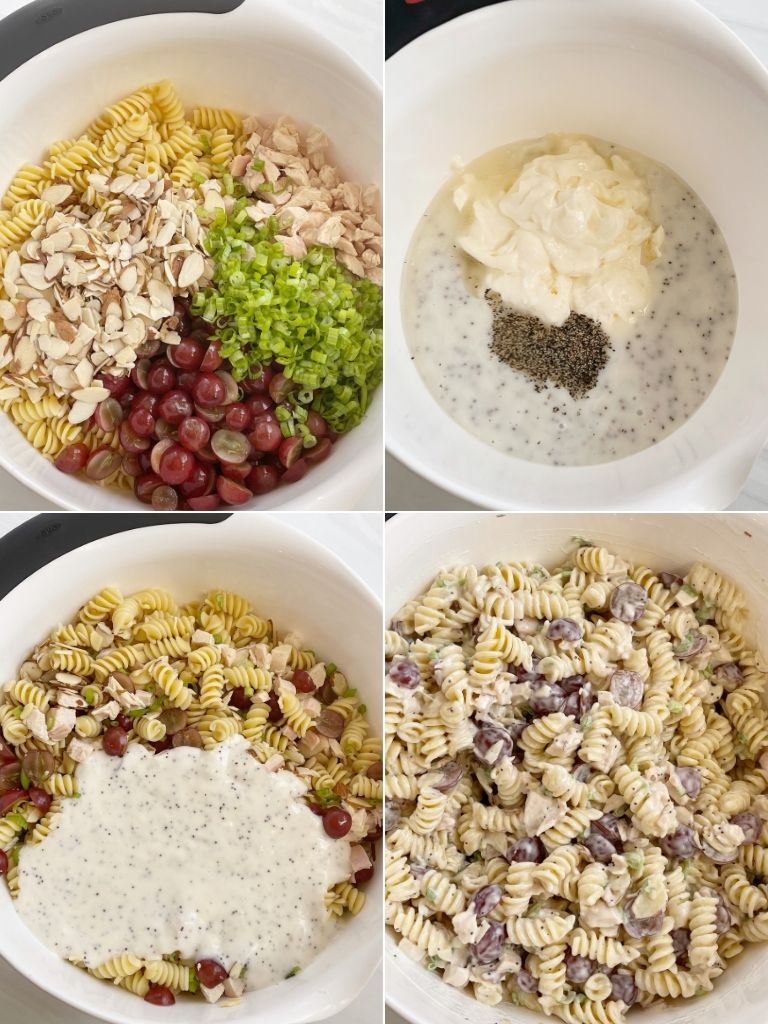Collage photo with step by step pictures of how to make poppy seed pasta salad. 