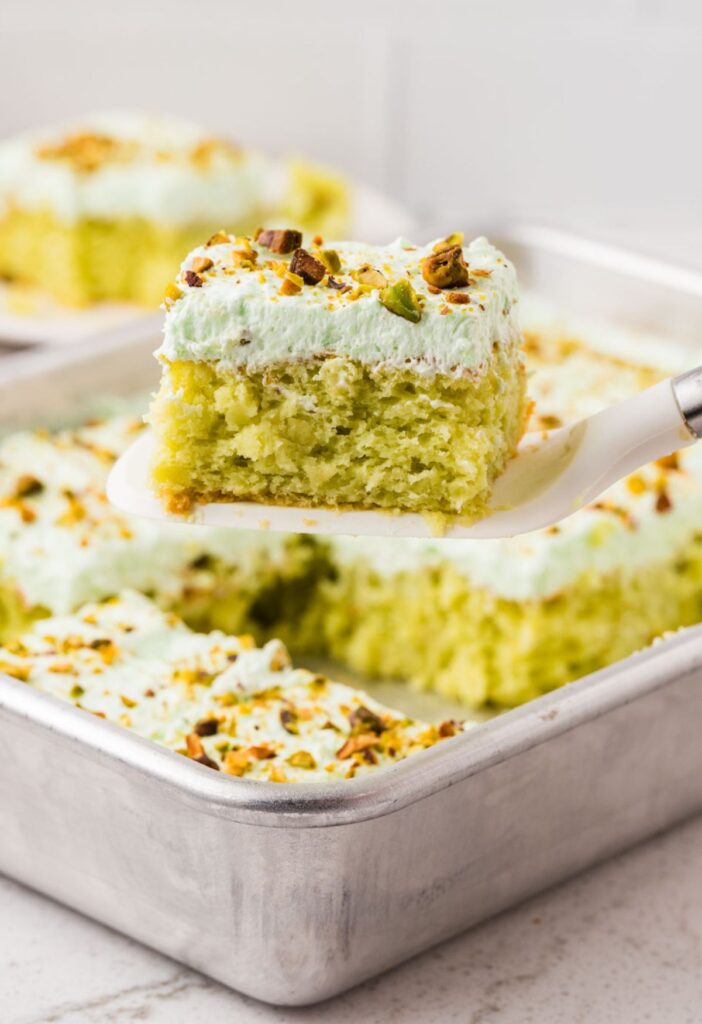 A slice of cake on a spatula being held over top the cake pan.