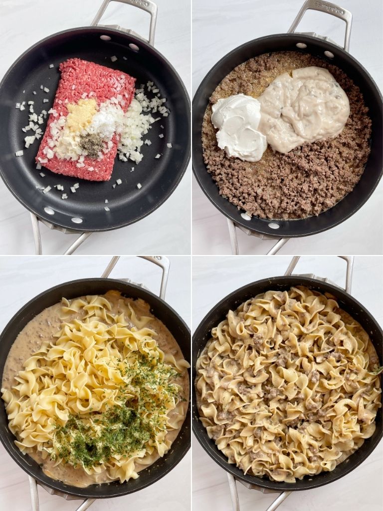 How to make stroganoff with ground beef picture collage with step by step instructions. 