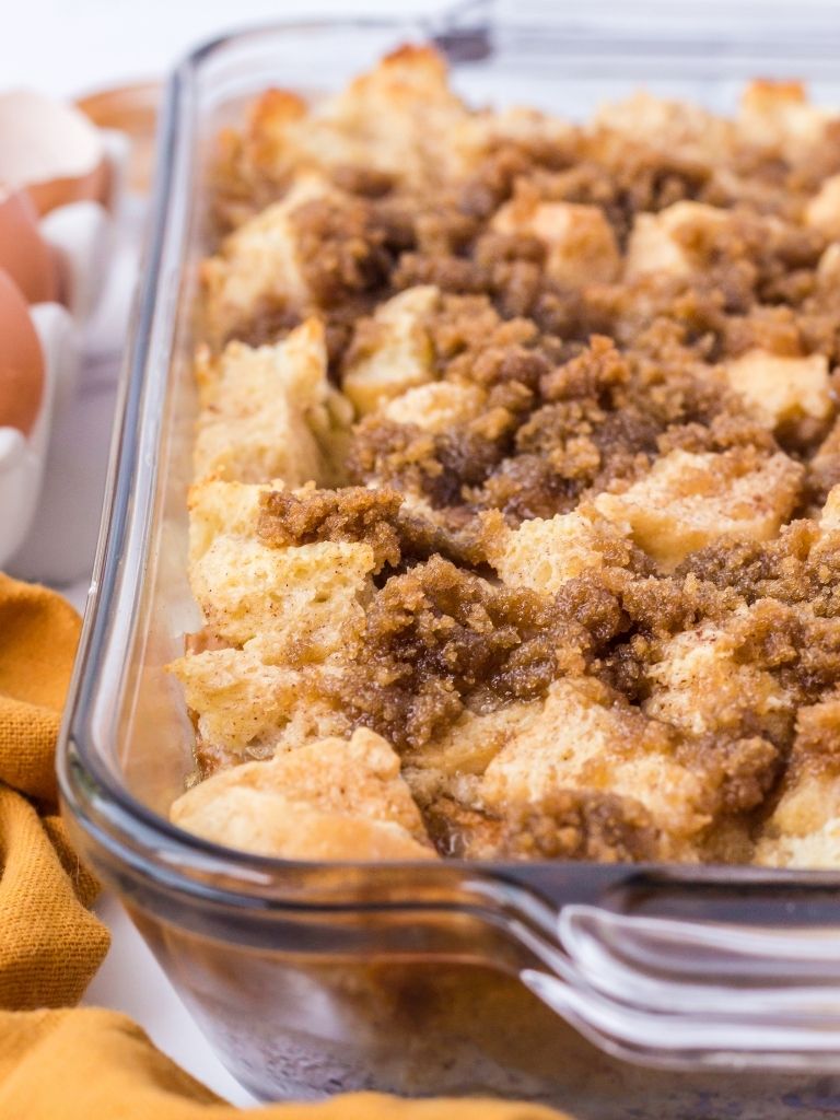 A baking dish with French toast casserole inside.