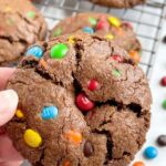 A picture of a hand holding a chocolate cookie with m&m on top and inside the cookie.