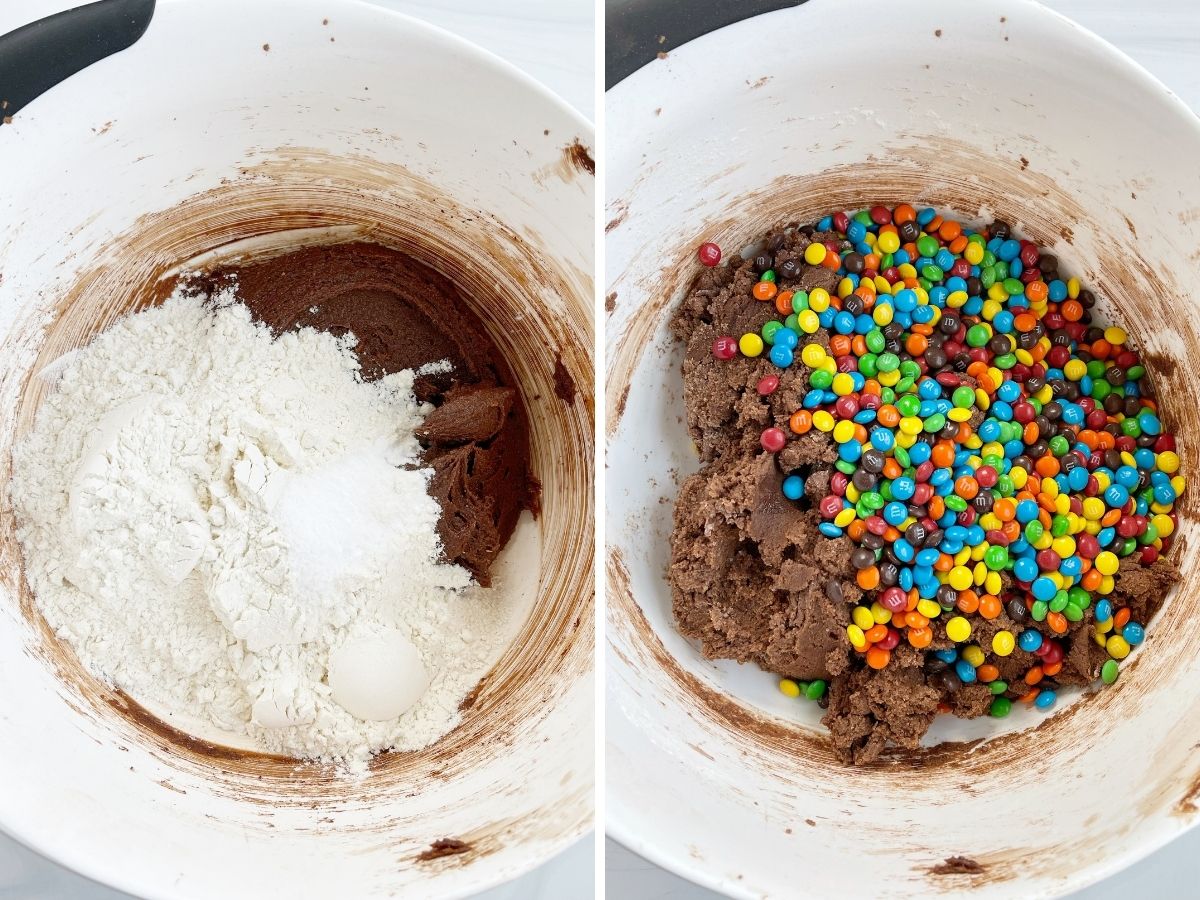 How to make m&m chocolate cookies with a step by step picture collage.