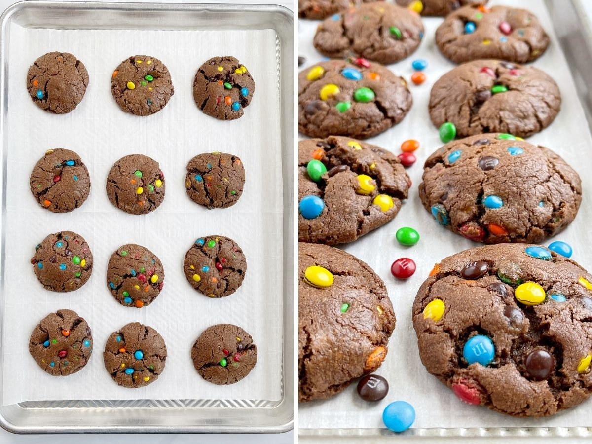 How to make m&m chocolate cookies with a step by step picture collage.
