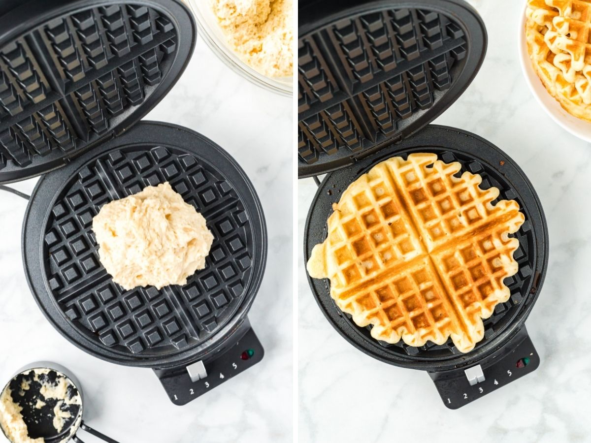 A waffle maker with waffle batter inside and then a waffle maker with a cooked waffle inside of it. 