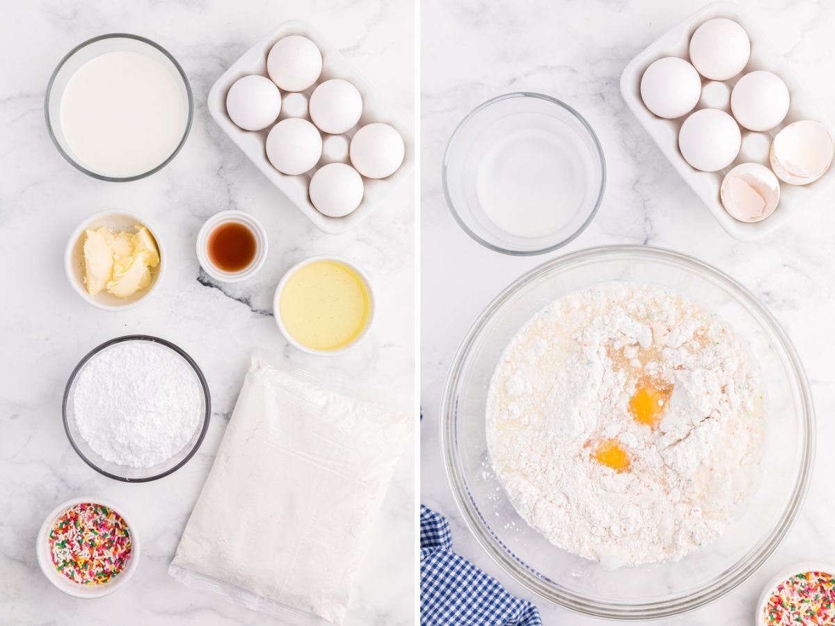 Ingredients laid out on a white marble background showing how to make donuts with a cake mix. A bowl with the donut batter ingredients inside of it. 