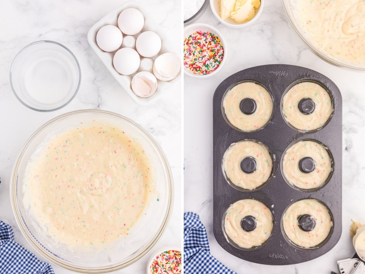 Step by step photo collage on how to make donuts with sprinkles. 