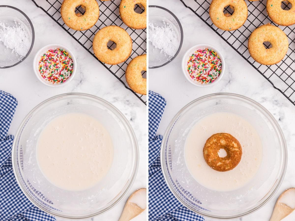 Glaze or donuts inside a bowl showing a donut being dipped into it.