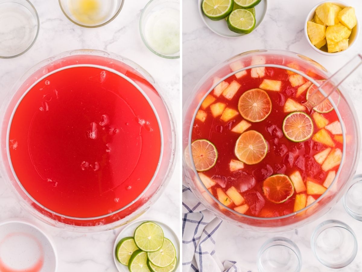 How to make party punch with two picture collage showing steps to make it. 