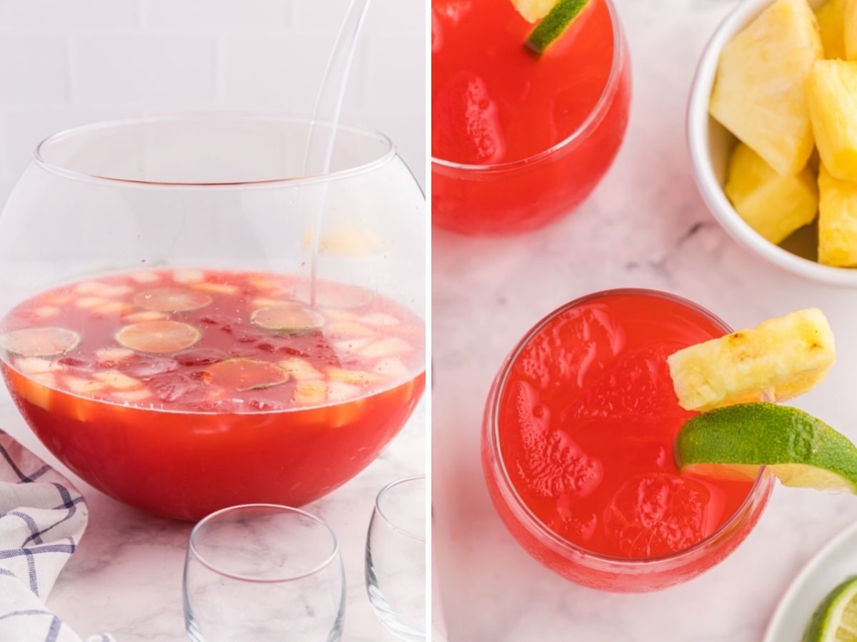 Two pictures of finished fruit punch inside a punch bowl and a glass cup. 