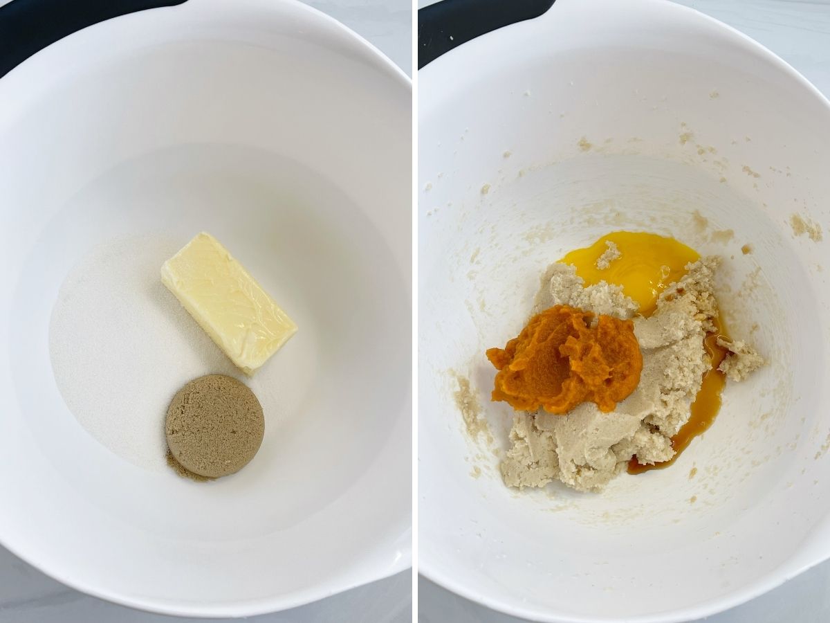 Step by step photos for how to make pumpkin snickerdoodle cookies. One bowl with butter and sugars in it and another bowl with the added wet ingredients. 
