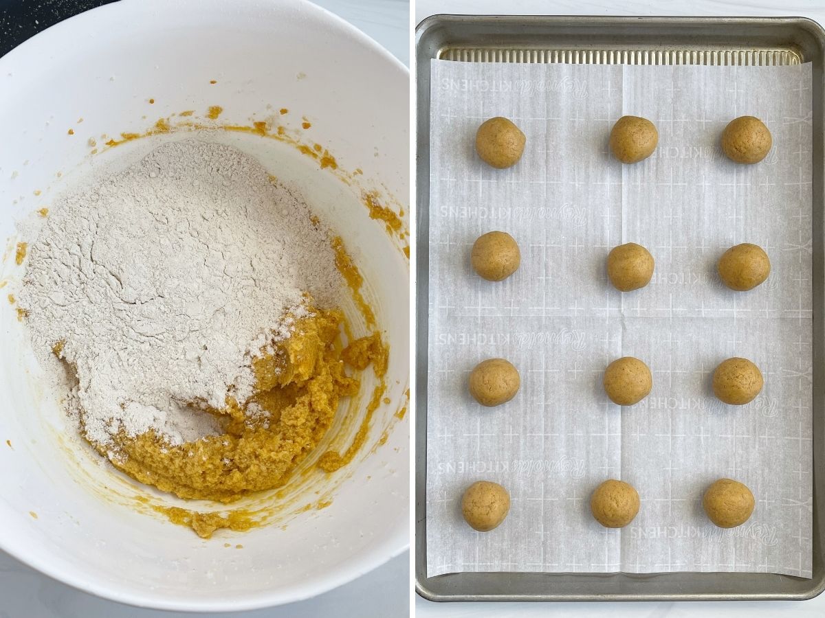 A bowl with the dry ingredients in it and a cookie sheet with rolled cookie dough balls on it. Step by step collage photos for how to make pumpkin snickerdoodles. 
