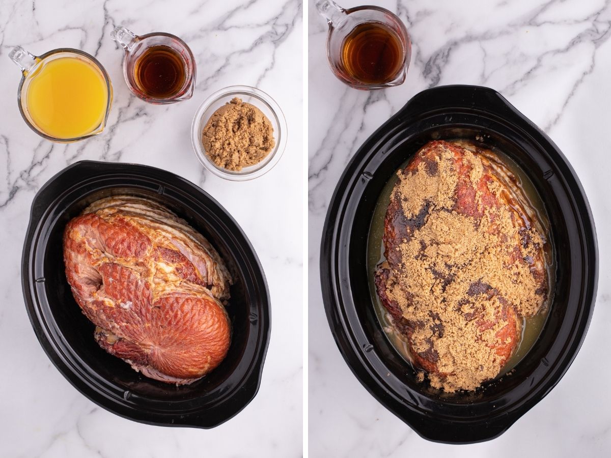 Two photos showing how to make spiral ham with a brown sugar glaze. The ingredients needed to make it. 