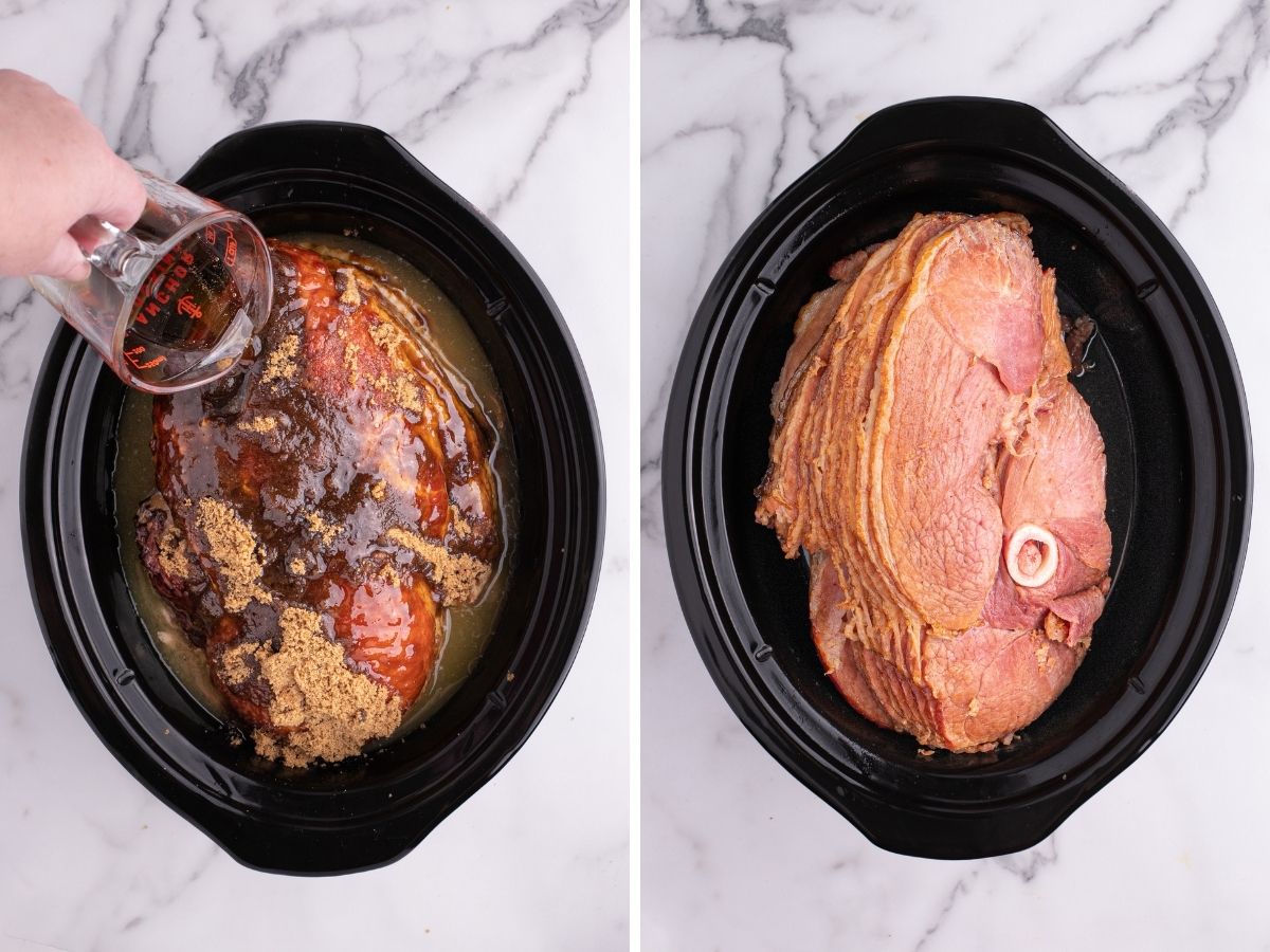 Steps needed to make pineapple brown sugar ham in the slow cooker. Two pictures in a photo collage. 