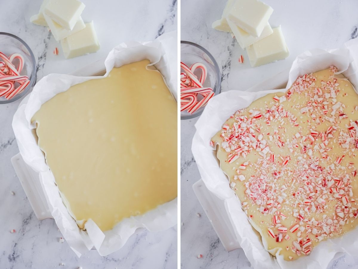 Step by step photo collage for how to make easy peppermint fudge on the stove top. 