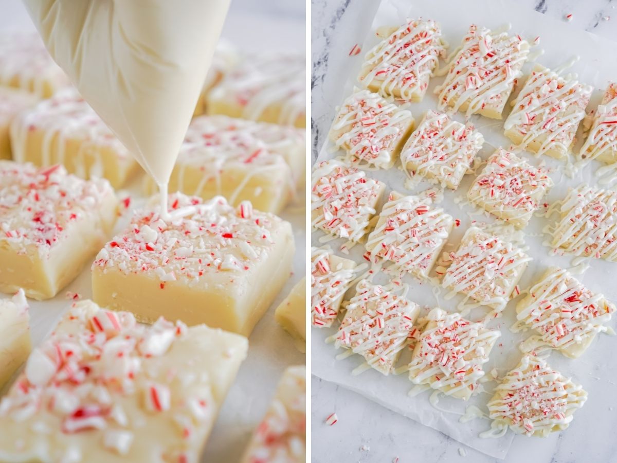 Step by step photo collage for how to make easy peppermint fudge on the stove top. 