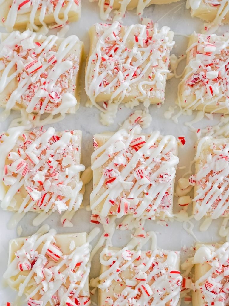Overhead shot of squares of peppermint fudge on a white background.