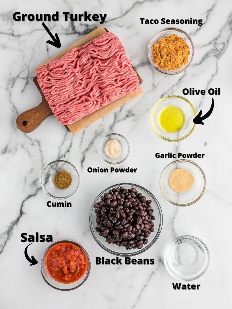 Ingredients on a white background that you need to make tacos with ground turkey. Each ingredient is labeled with the name of it. 