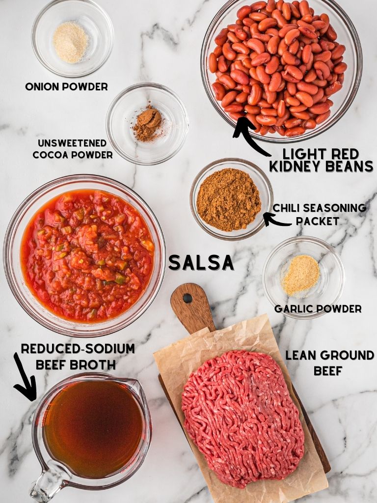 Ingredients needed to make chili. With the ingredient shown and labeled with the name of it. 