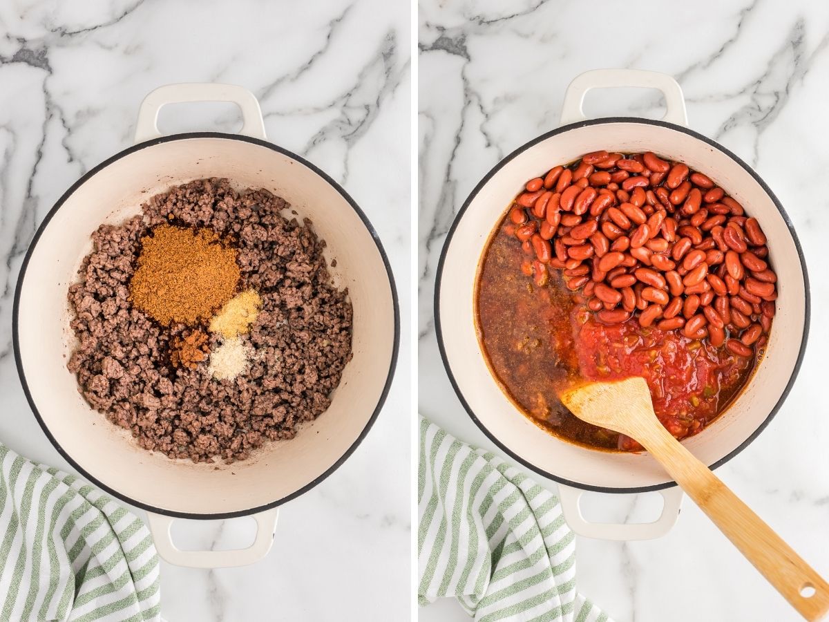 How to make easy chili in one pot with two steps shown in the picture collage. One pot with ground beef and the other pot with ground beef and seasonings. 