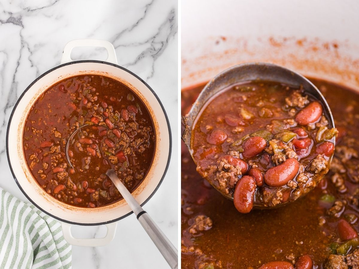Picture collage of quick chili done cooking with a shot of the pot and then a close up shot of a scoop of chili. 