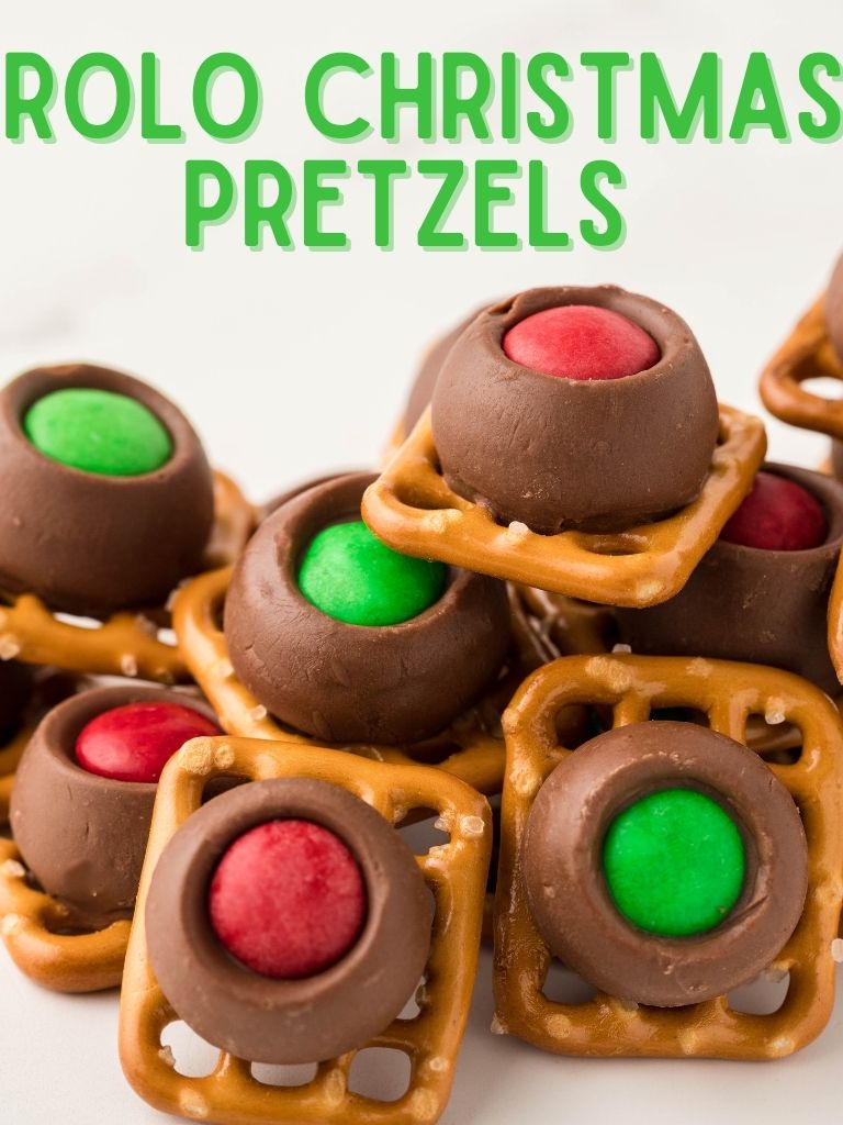 Rolo pretzels on a white plate with a text box at the top of the picture with the title in green lettering.