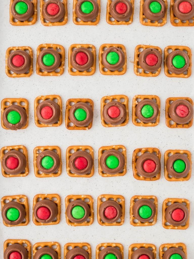 Overhead shot of Rolo pretzels on a white background.