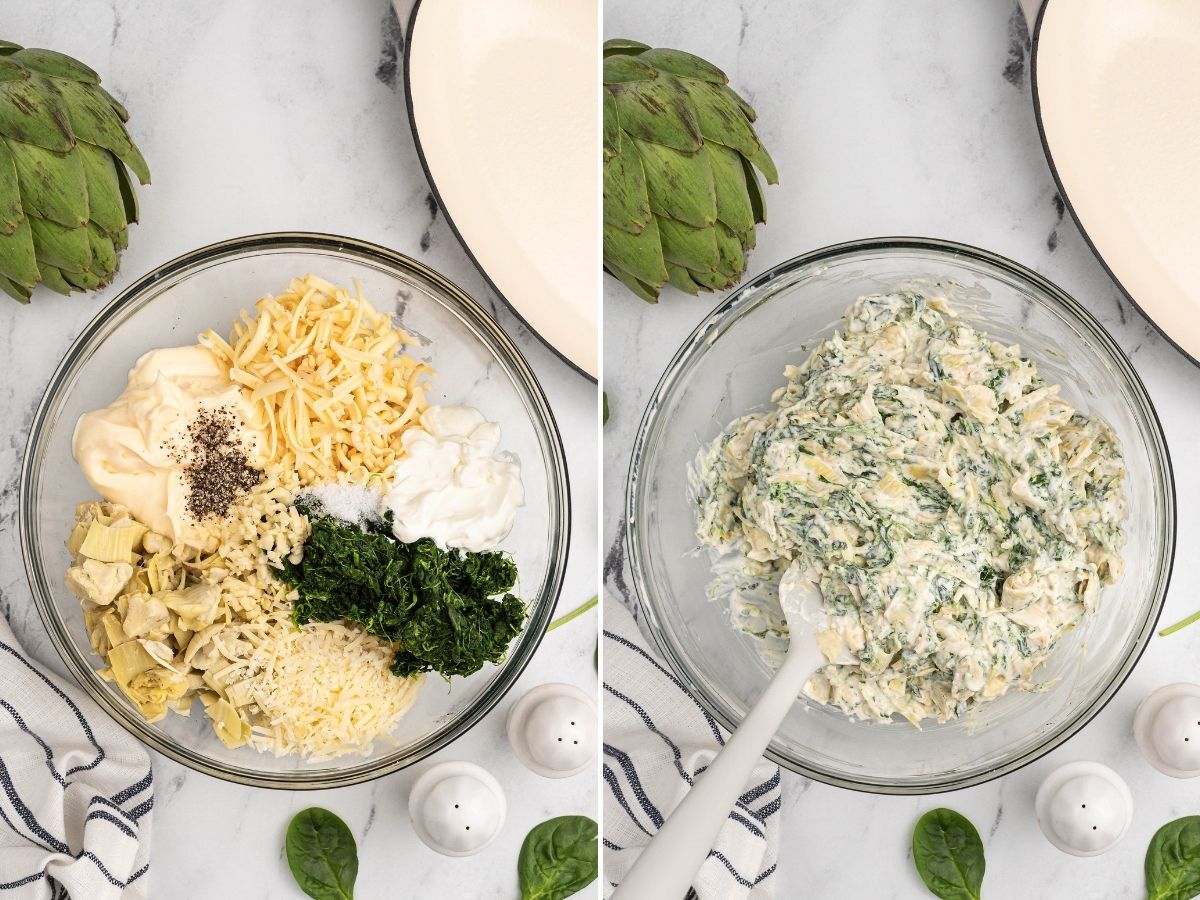 Steps needed to make hot artichoke dip with spinach. Two pictures of ingredients inside a mixing bowl and then a picture of them all mixed together.