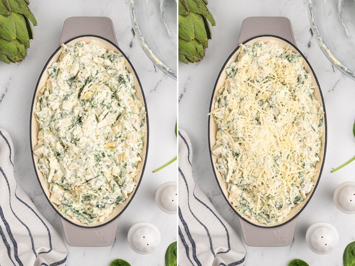 Artichoke dip inside the baking dish. One picture uncooked and one picture is cooked.