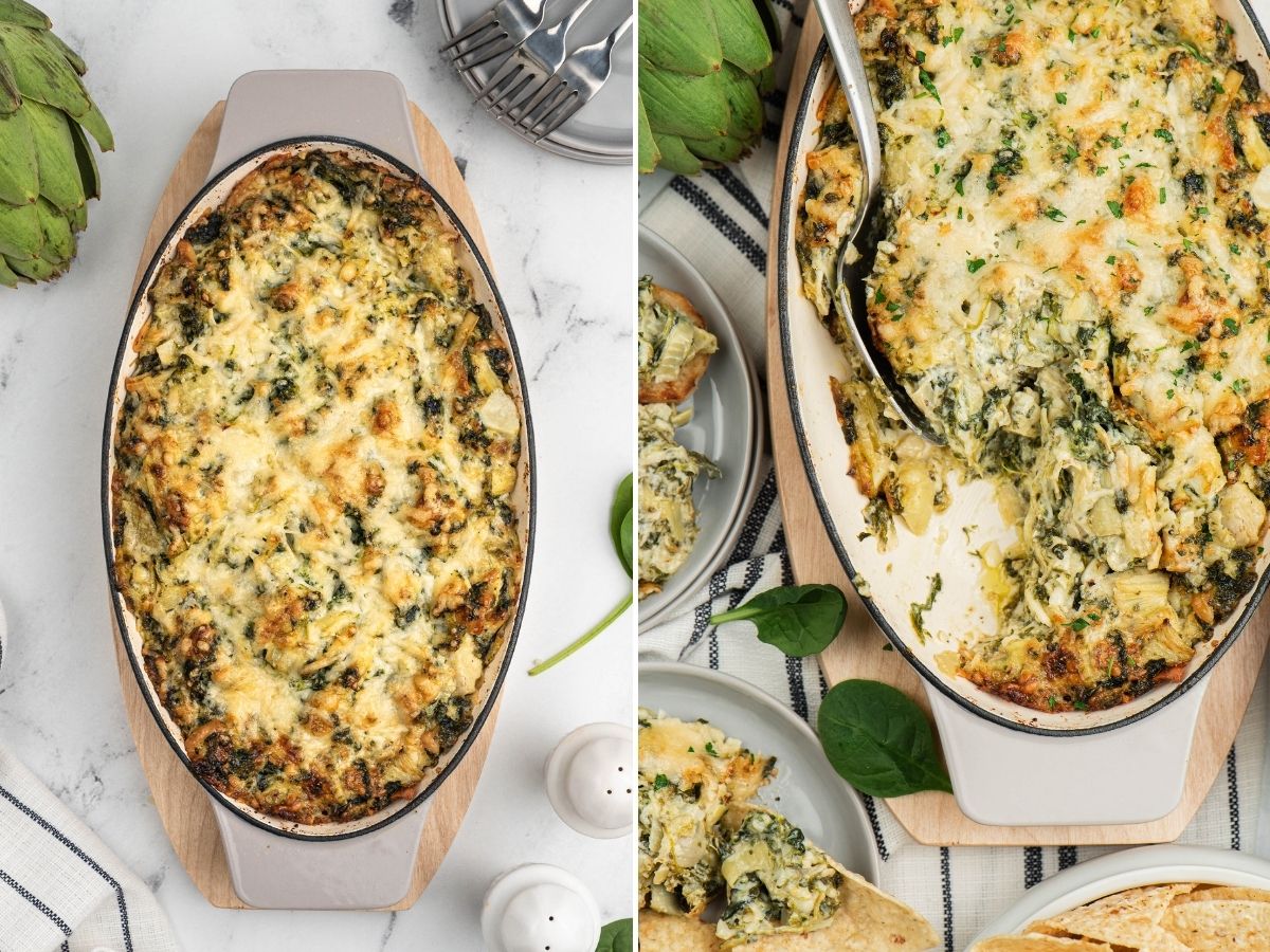 Two pictures of baked spinach dip with artichoke hearts. 
