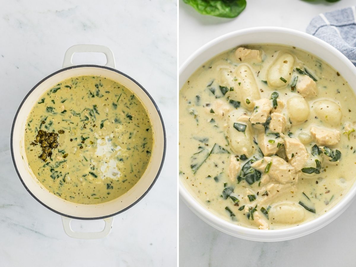 How to make gnocchi soup with two pictures showing the steps needed.