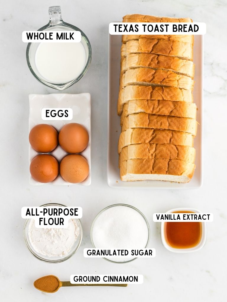 Ingredients on a white background for French toast with each one labeled in text above it.