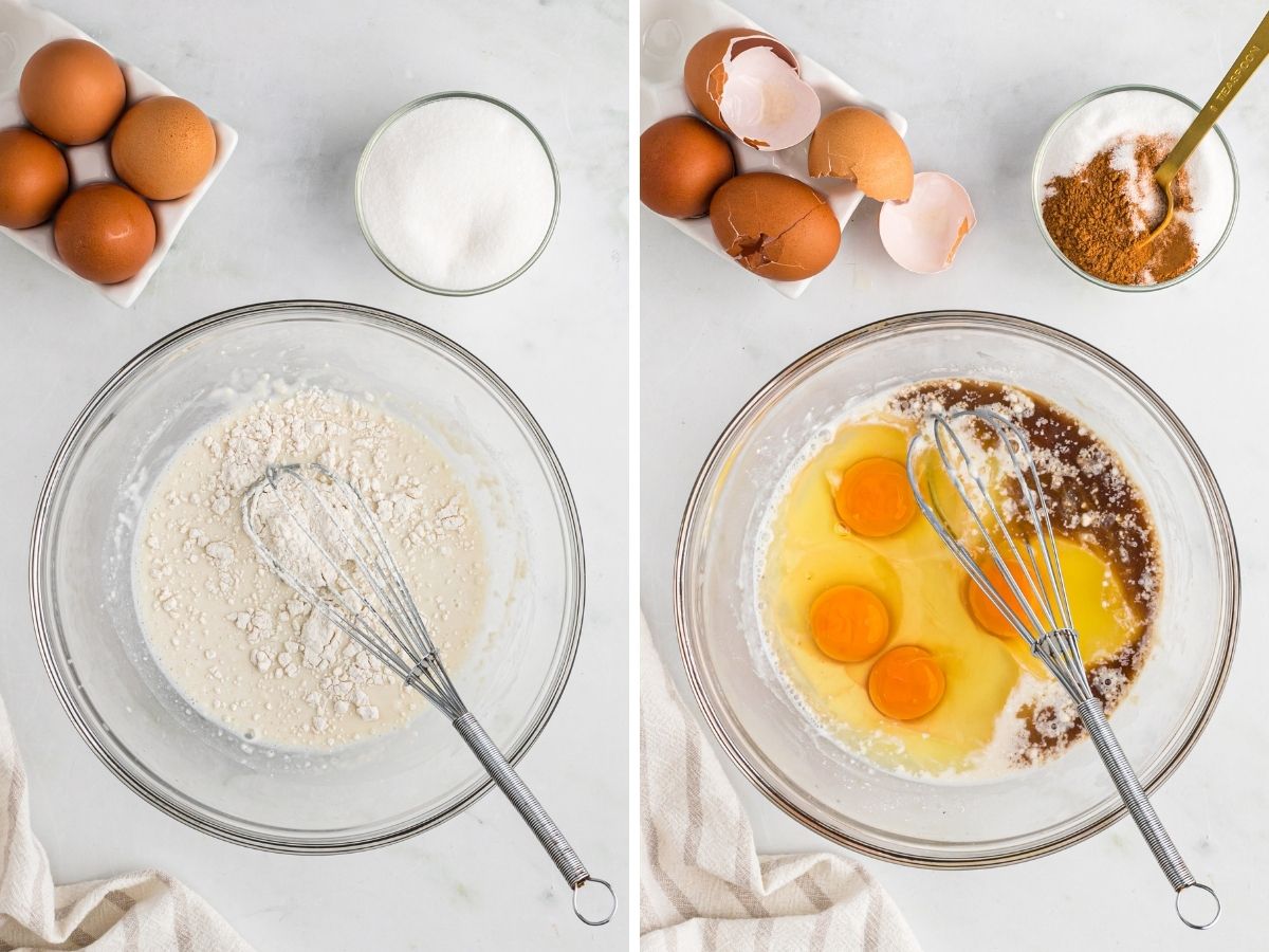 Photos showing step by step instructions for how to make this French toast recipe. A bowl with milk and flour in it, and then the same bowl with eggs and cinnamon in it. 