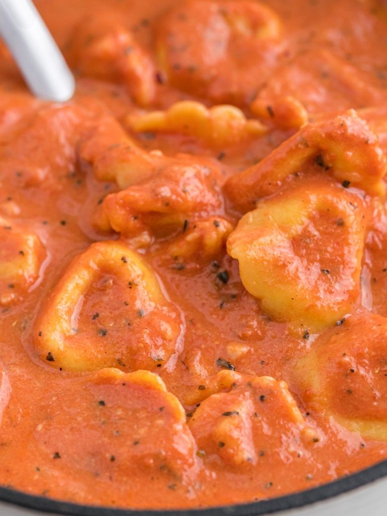 Close up shot of tomato soup with tortellini inside a white pot and a serving spoon. 