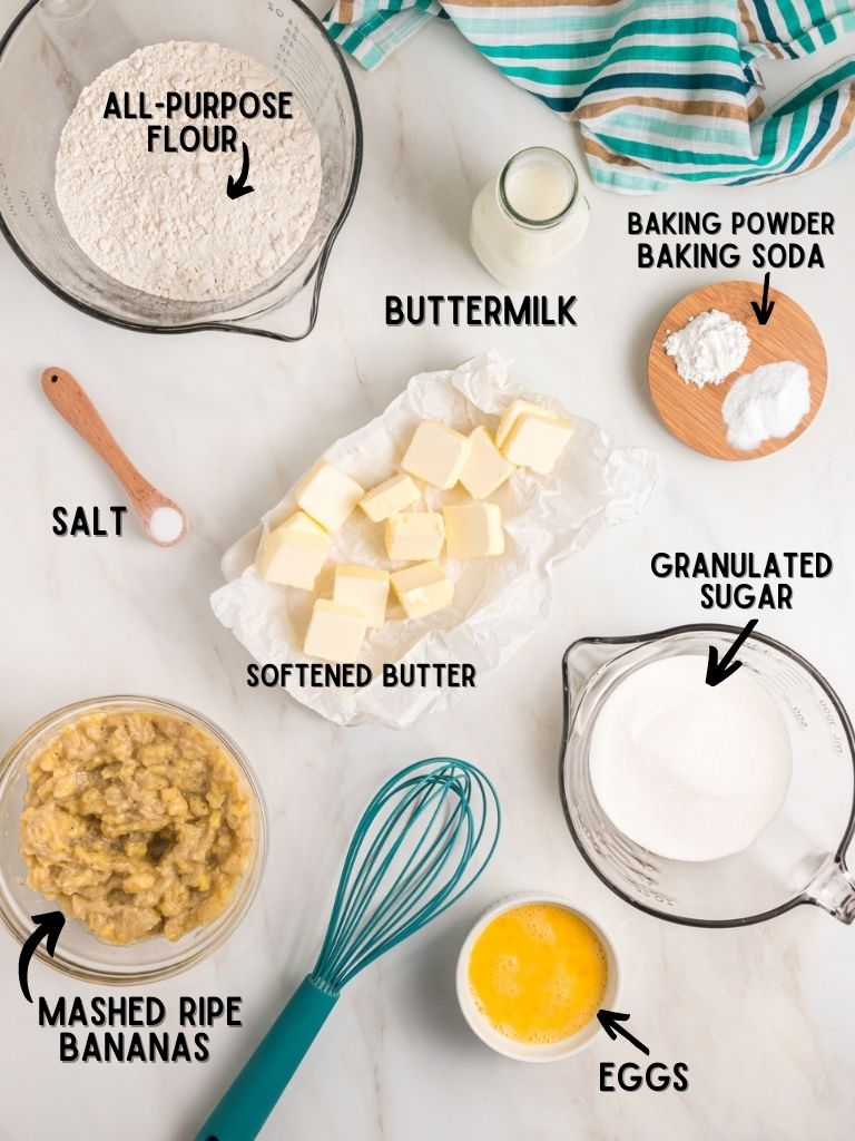 Ingredients needed to make banana bread with buttermilk. Each ingredient is labeled in black text. 