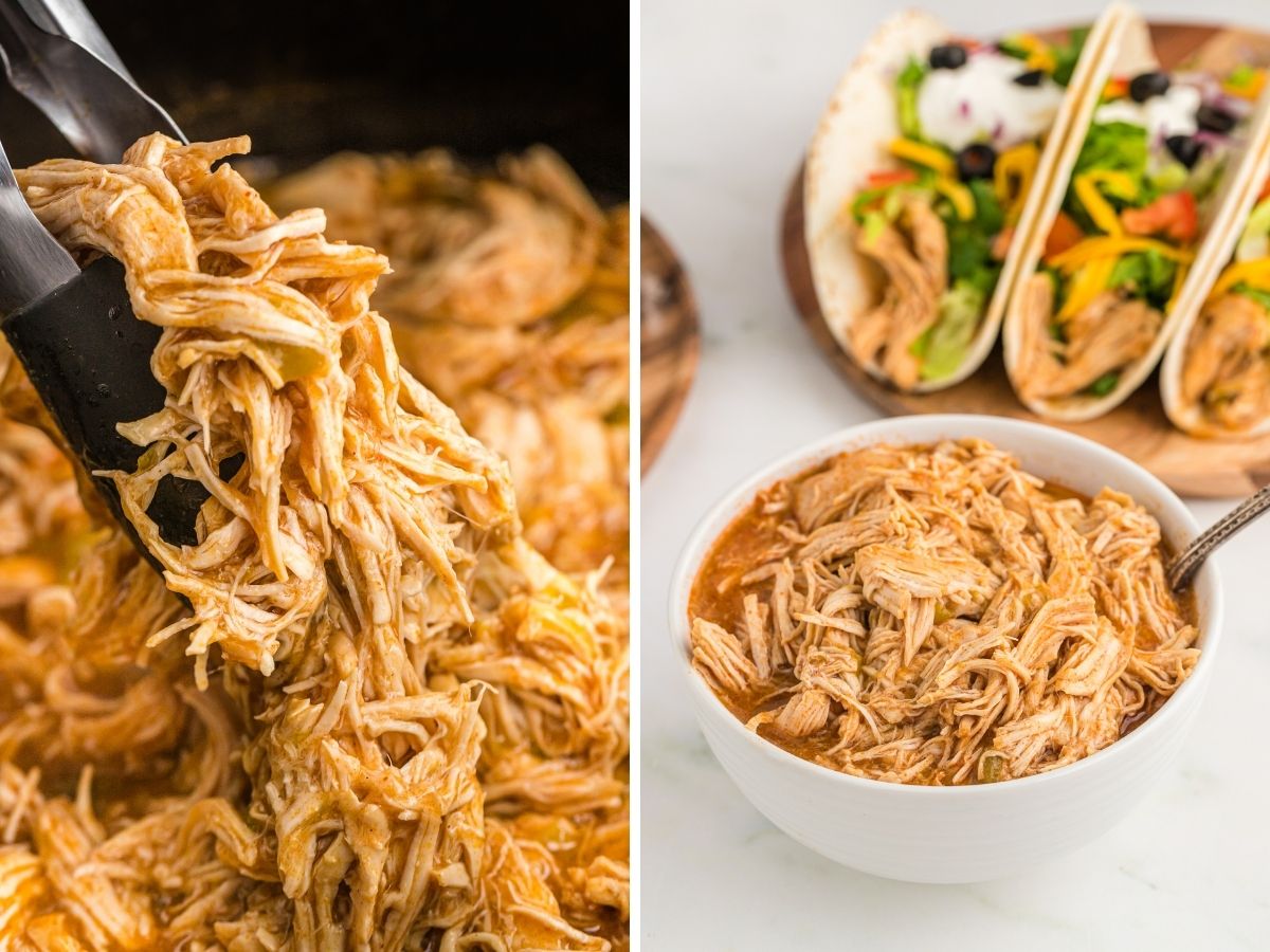 How to make shredded chicken in the crockpot for tacos with two pictures of steps needed to prepare it. 