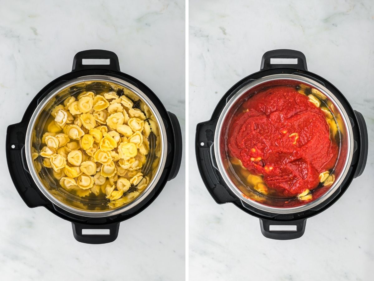 Step by step photos of an instant pot with broth and tortellini in one picture. The next one shows the next step which is canned tomatoes and seasonings added on top. 