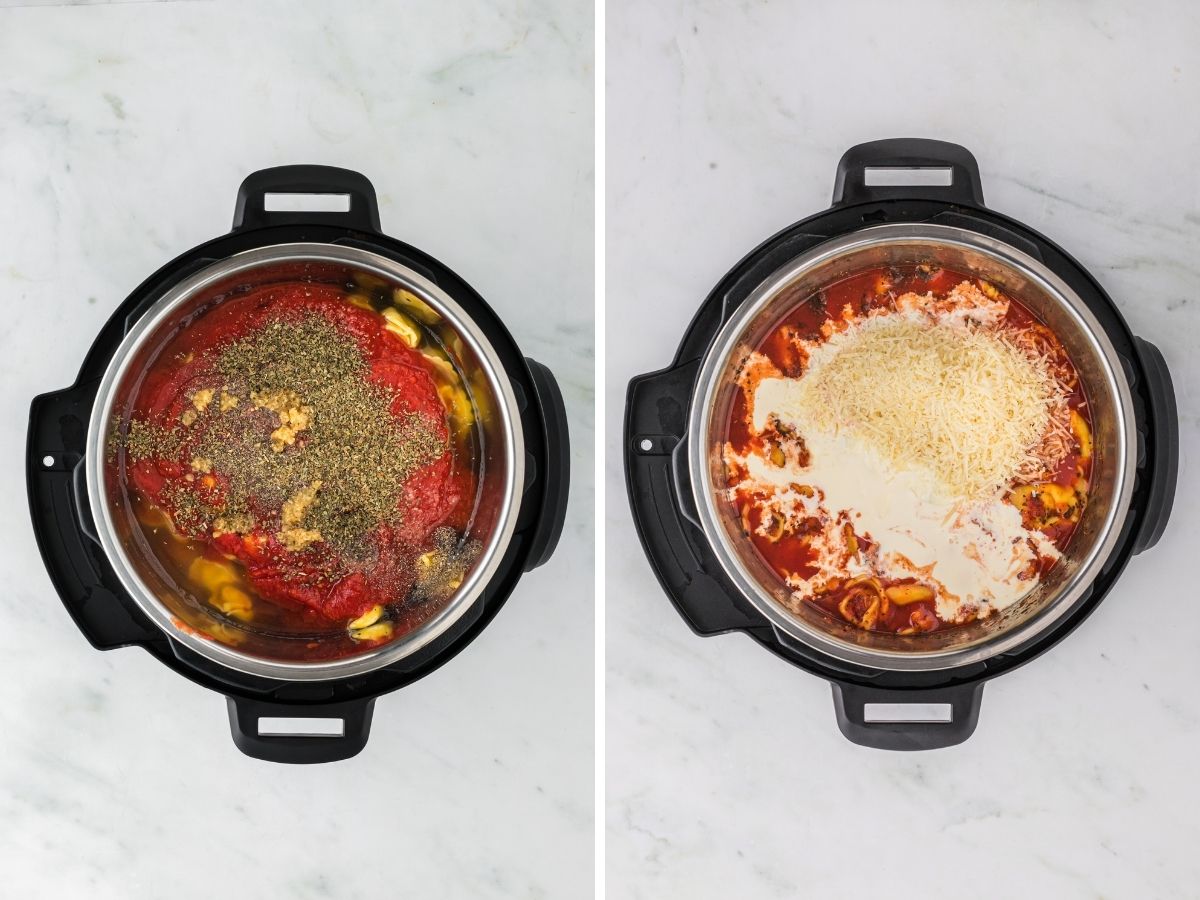 Visual (with two pictures) on steps needed to make tomato soup with tortellini. Instant pot insert with seasonings and then with cream and cheese. 