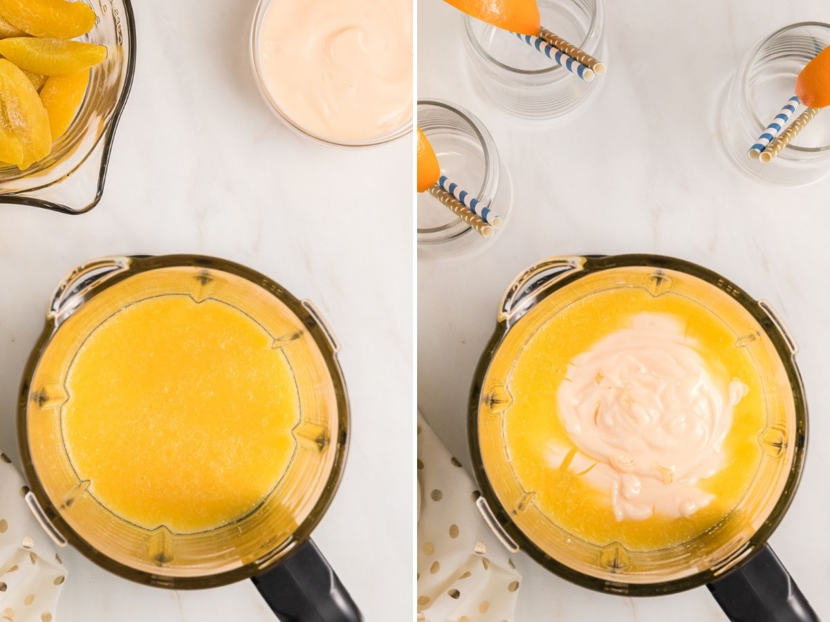 How to make peach smoothie with two pictures showing the steps needed.