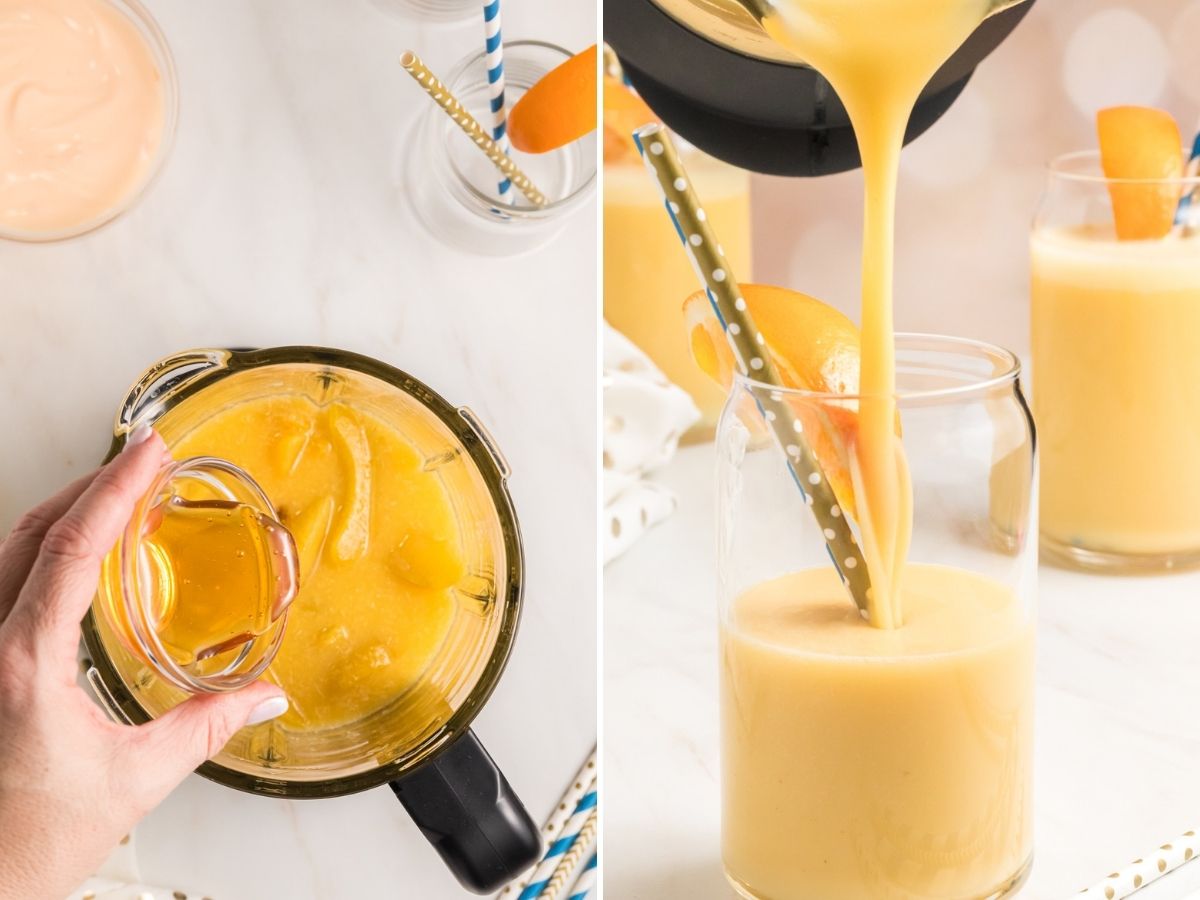 How to make a peach smoothie with two steps shown with pictures. 