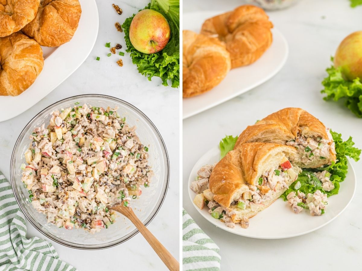 Images showing how to make chicken salad with a mixing bowl and ingredients inside of it. Step by step photos. 
