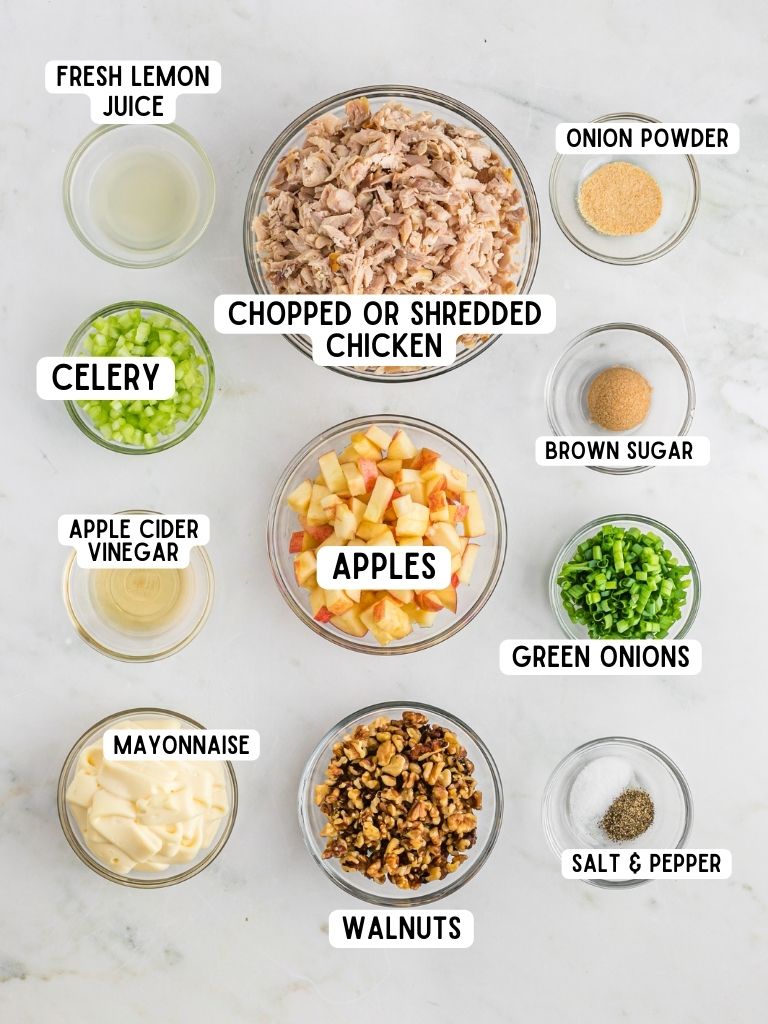 Ingredients laid out on a white background with each one labeled as to what it is. 