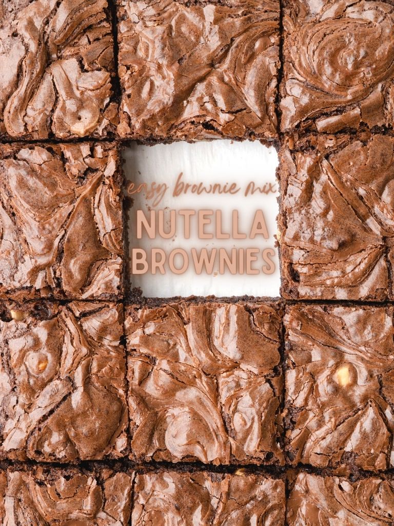 Pan of brownies with one the out of the center and text in that spot with the title of the recipe. 