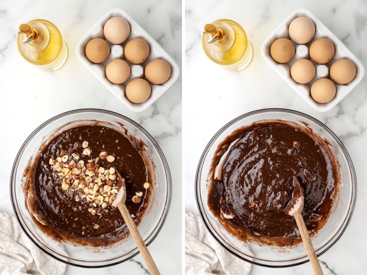 How to make this brownie recipe with step by step photos with a mixing bowl and a baking dish.