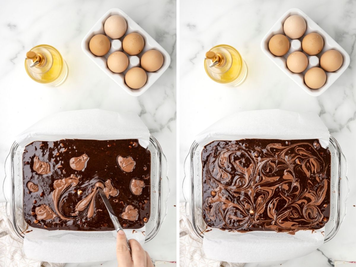 How to make this brownie recipe with step by step photos with a mixing bowl and a baking dish.
