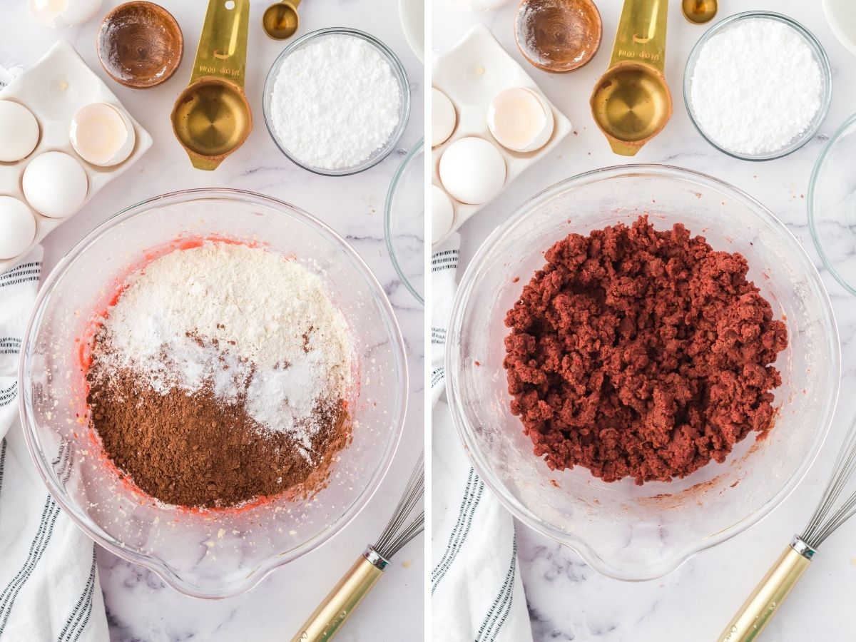 Pictures showing how to make red velvet cookies with step by step photos. Mixing bowl with cookie ingredients inside. 