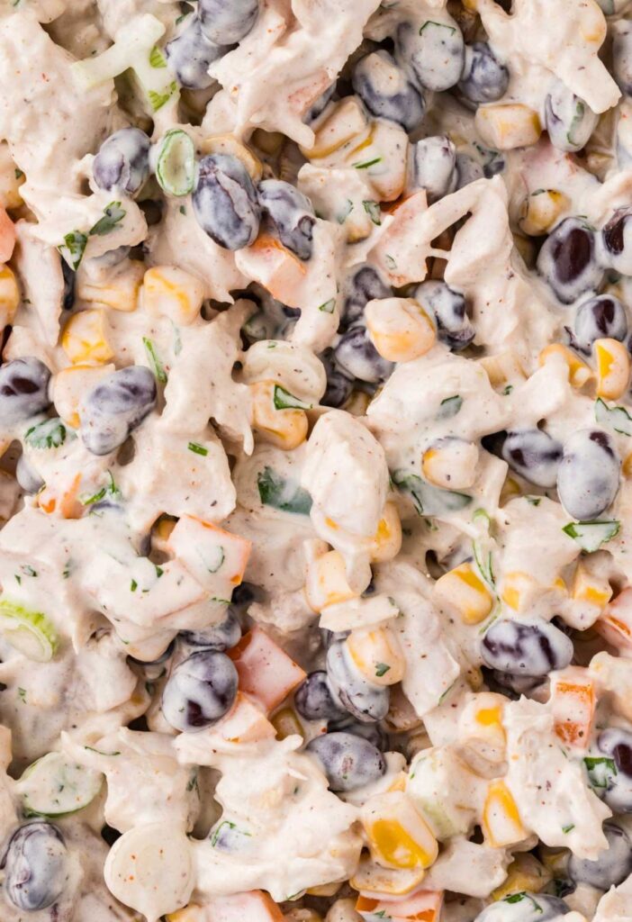 Close up of the chicken salad with Santa Fe ingredients like corn, black beans, and chicken.