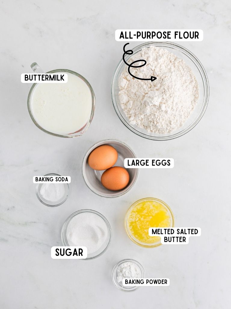 Ingredients needed to make buttermilk pancakes with each one labeled in black text.