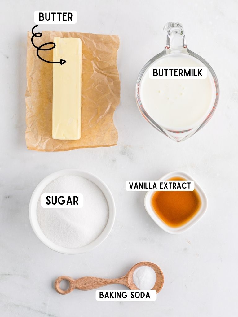 How to make pancake syrup with buttermilk and each one labeled in black text.