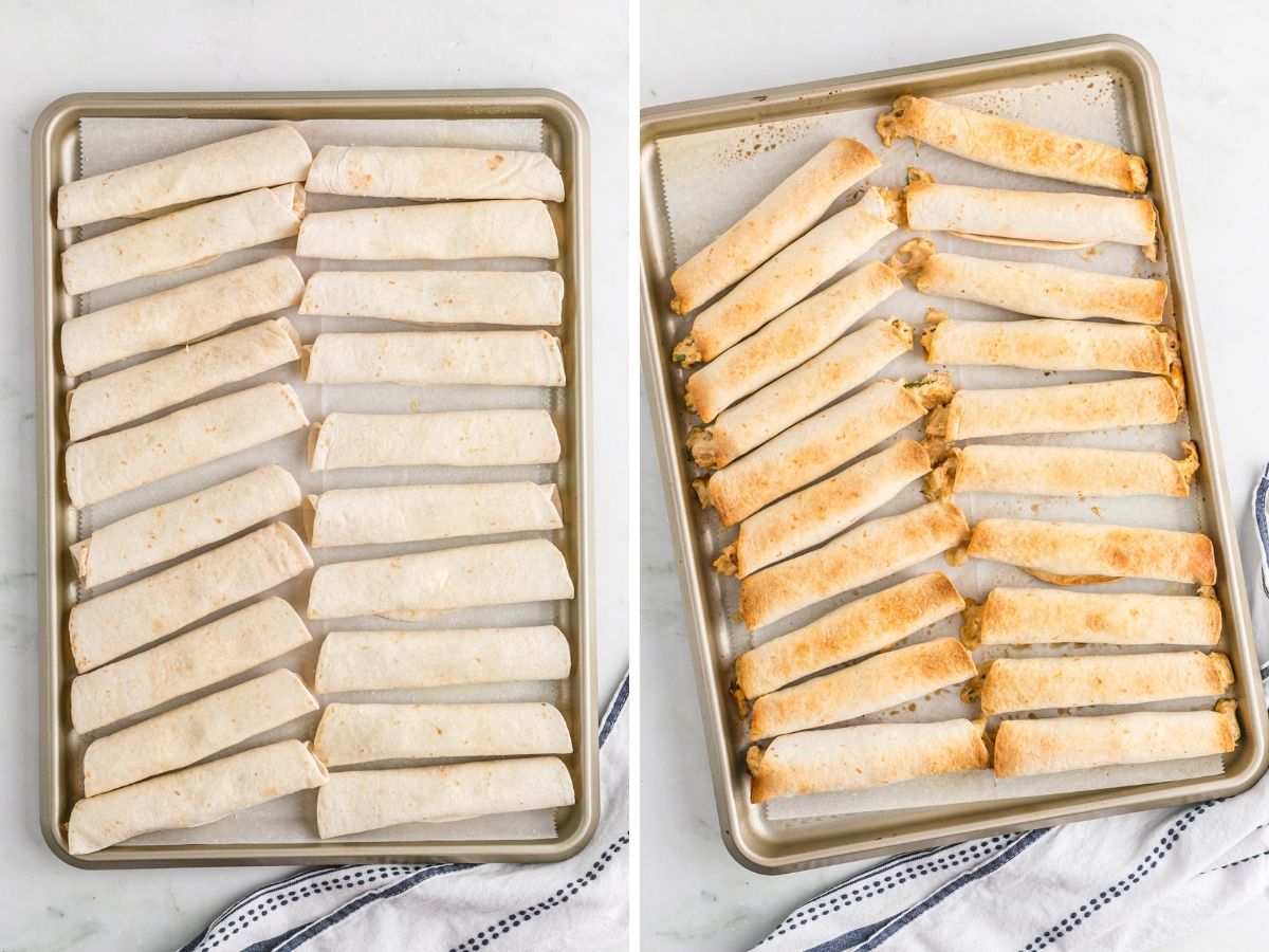 How to make taquitos with two pictures of a cookie sheet with unbaked and baked taquitos on it. 